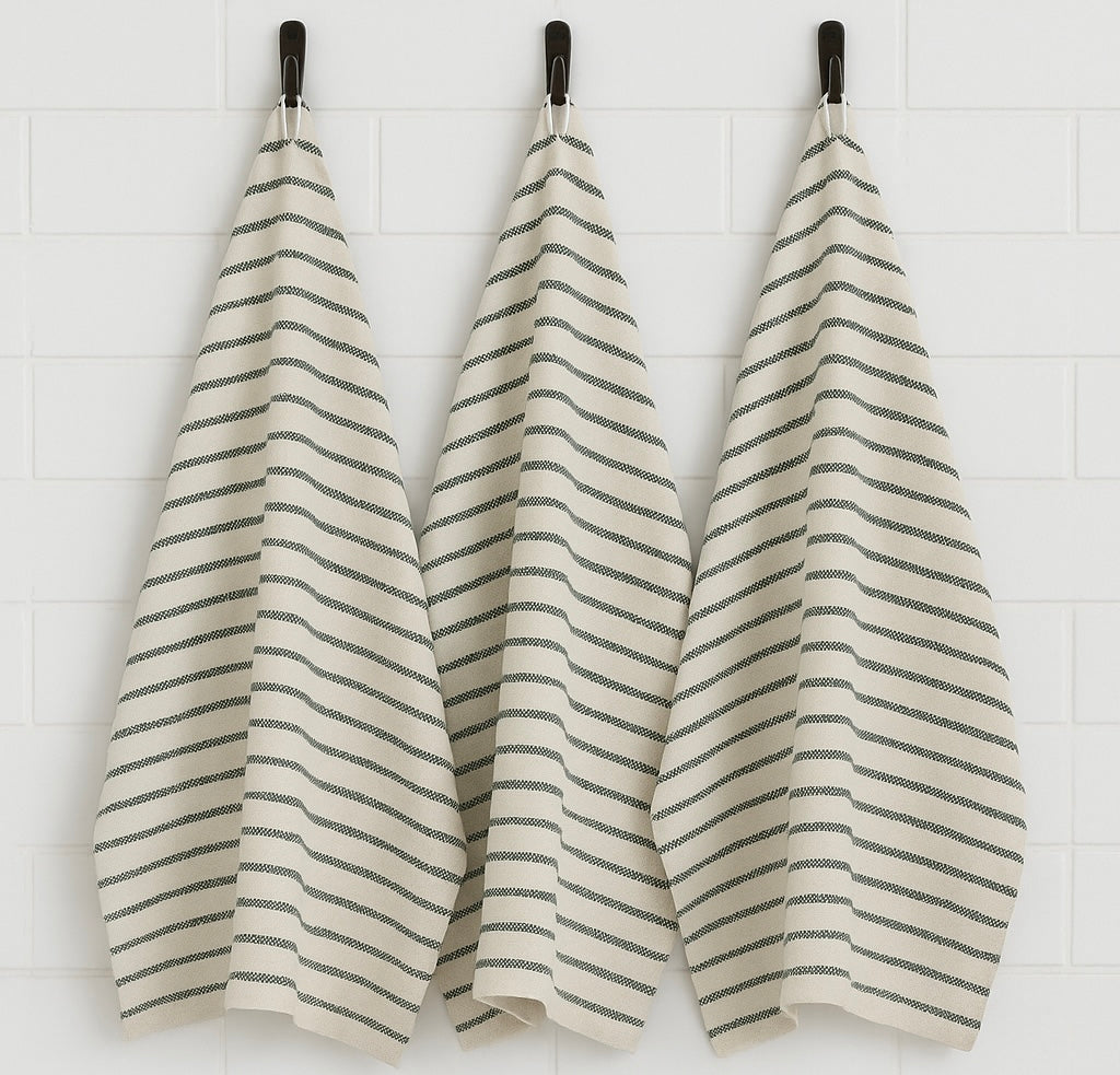 Terry Green Stripes Kitchen Towels - 3 Towels/Pack