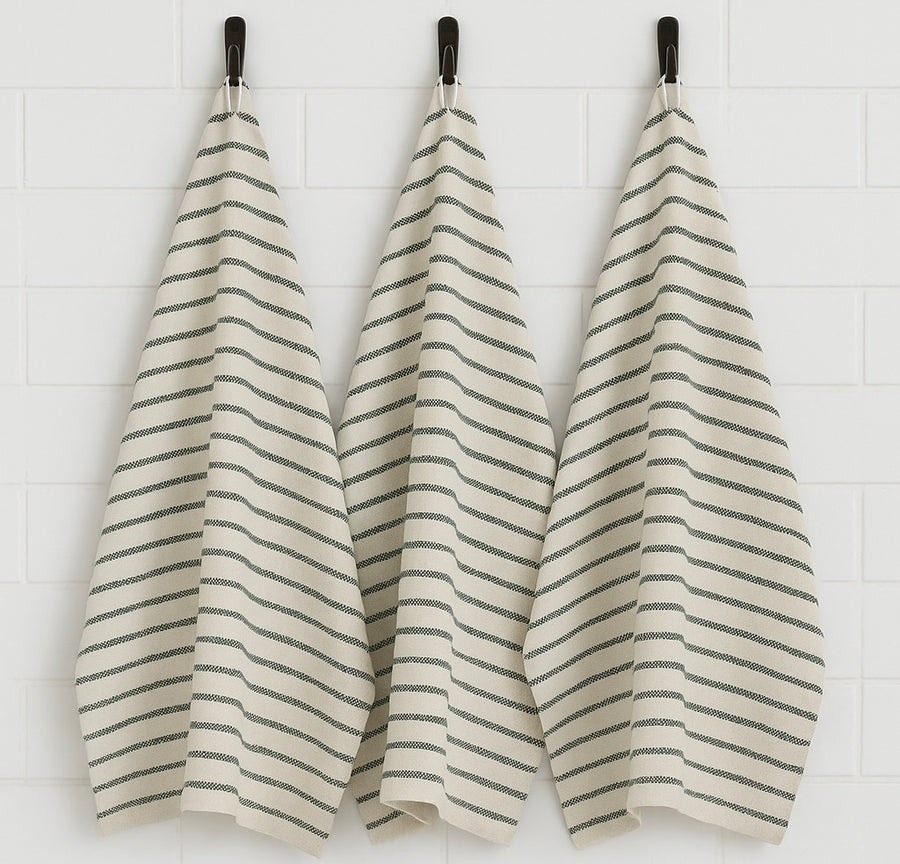 Terry Green Stripes Kitchen Towels - 3 Towels/Pack