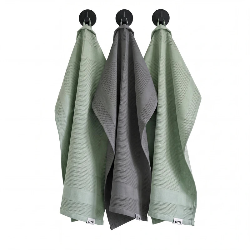 Waffle Kitchen Towels - Sage Green & Charcoal Grey -3 Towels/Pack